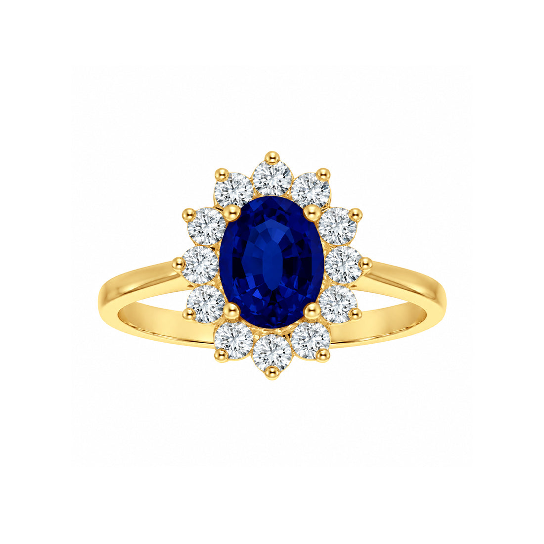 Anillo Oro 10k, Halo con Zafiro Sintético 7x5 mm