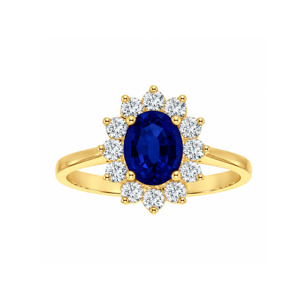 Anillo Oro 10k, Halo con Zafiro Sintético 7x5 mm