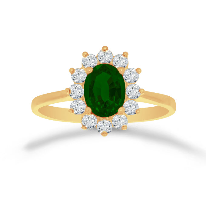 Anillo Oro 10k, Esmeralda Sintética y Halo de Zirconias 7x5 mm