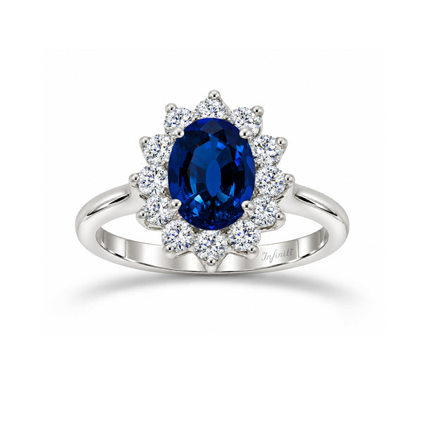 Anillo Oro Blanco 14k - Halo Zafiro Laboratorio 1.75 ct con Diamantes Lab