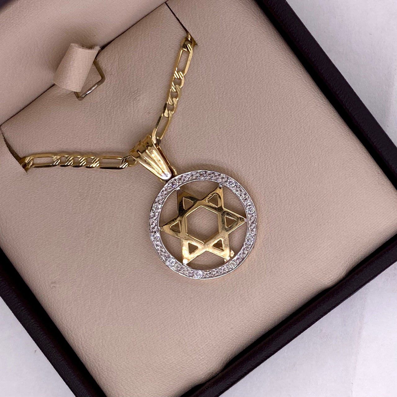 Medalla Oro 14k - Estrella de David con Zirconias, 2.7 cm Alto