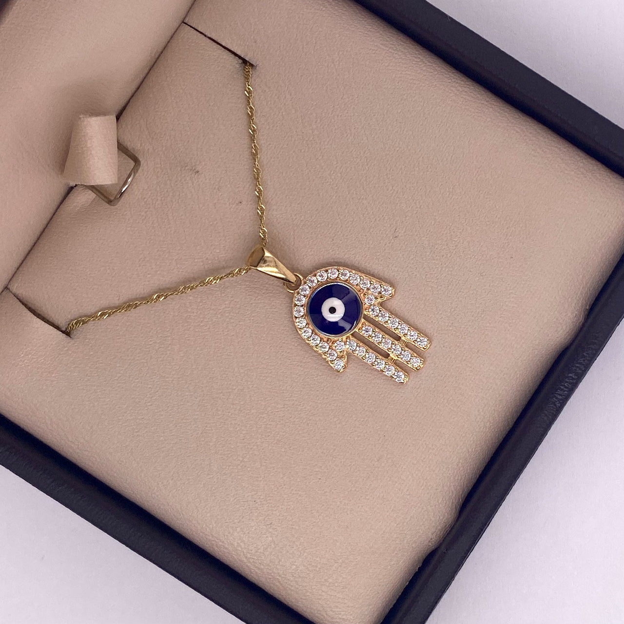Dije Oro 14k - Mano de Fátima con Zirconias y Ojo Turco