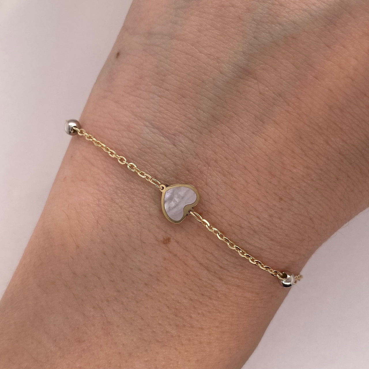 Pulsera Oro 10k - Corazones madre perla, 19 cm Largo