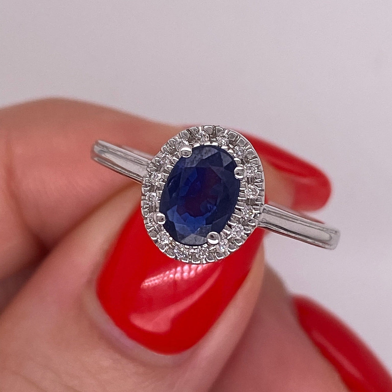 Anillo Oro Blanco 14k - Halo Zafiro con Diamante Natural 1.17 CTW