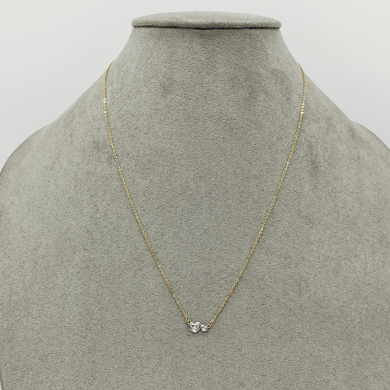 Gargantilla Oro 14k, Par de Corazones con Zirconia, Cadena 45 cm Largo