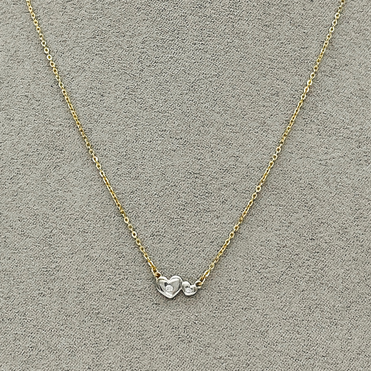 Gargantilla Oro 14k, Par de Corazones con Zirconia, Cadena 45 cm Largo