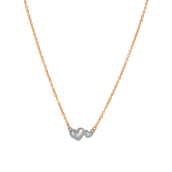 Gargantilla Oro 14k, Par de Corazones con Zirconia, Cadena 45 cm Largo