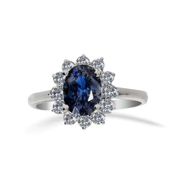 Anillo Compromiso Oro Blanco 18Kt Zafiro Oval Y Diamantes
