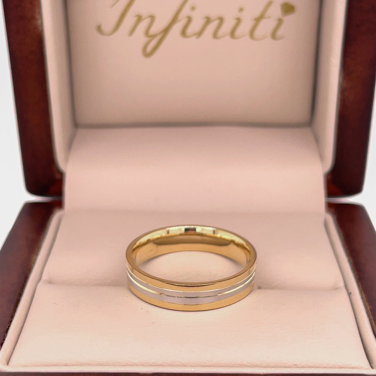 Argolla Oro Combinado 14k - Acabado Liso con Platinado, Ancho 4 mm