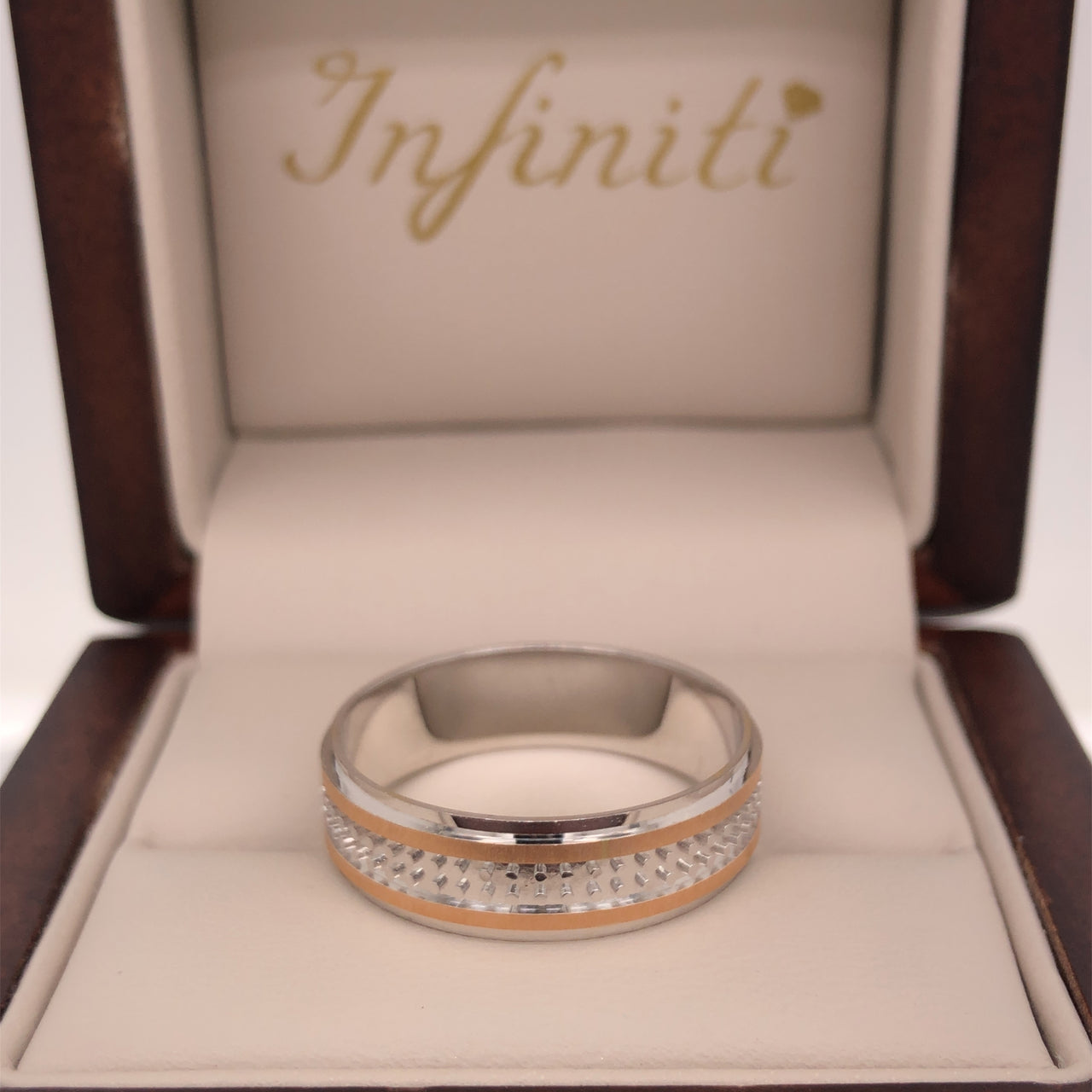 Argolla Oro Blanco con Rosa 14k - Acabado Mate Liso, Ancho 6 mm