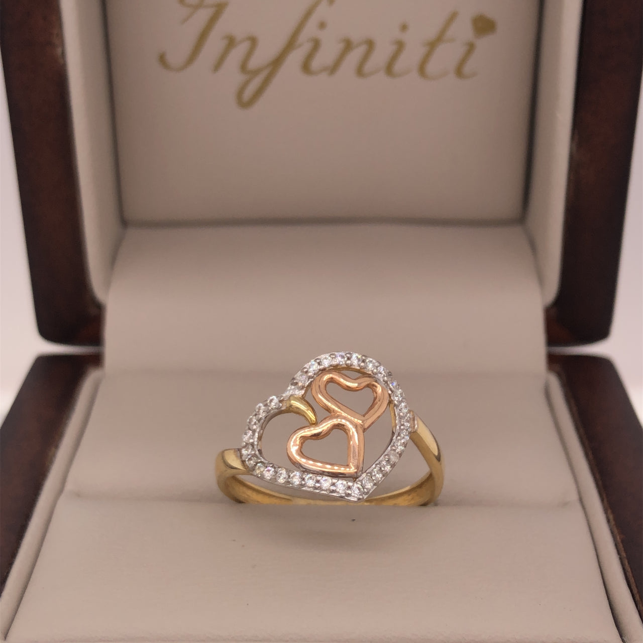 Anillo Oro 10k, en Forma de Corazón con Zirconias y Oro Florentino 10k