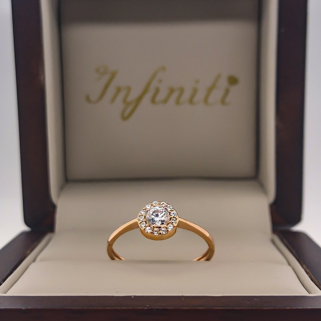 Anillo Oro Rosa 14k, Halo Zirconia 3.50 mm - Infiniti Joyas