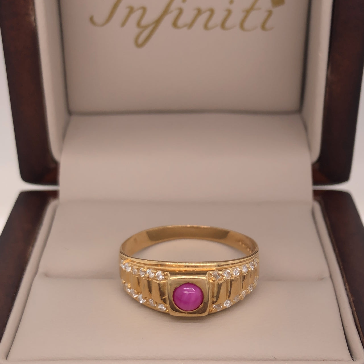 Anillo Oro 10k - Piedra Rosa Zirconia con Laterales