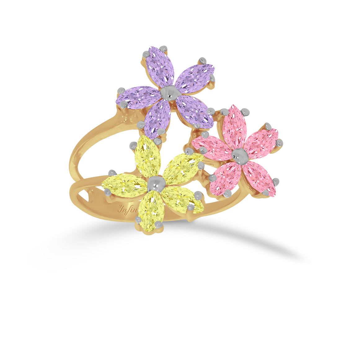 Anillo oro 10k, triple flor con zirconias de colores