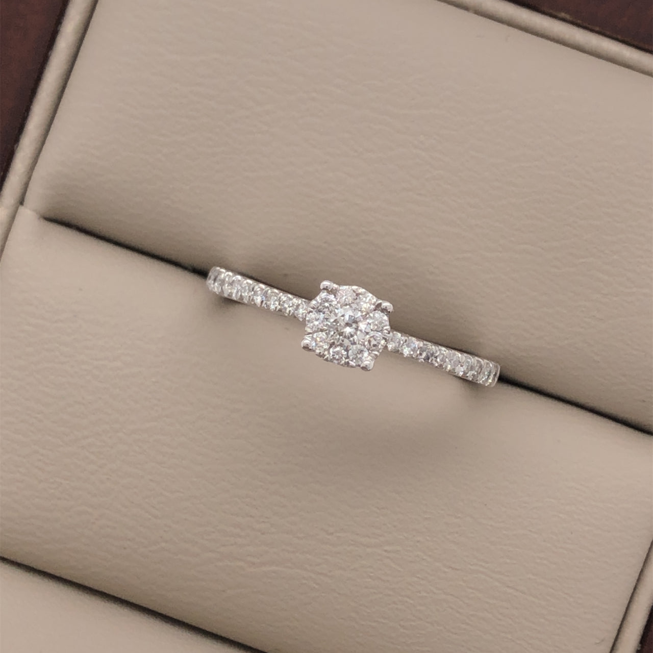 Anillo Oro Blanco 14k - Halo Pavé Diamante Natural 0.25 CTW