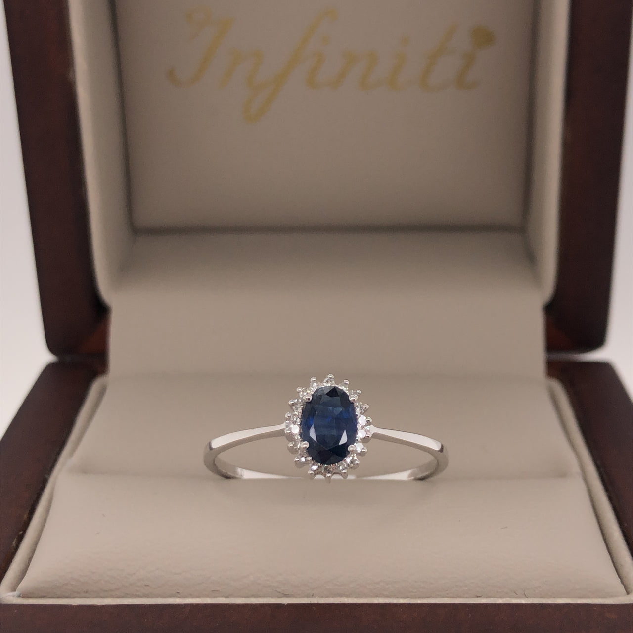 Anillo Oro Blanco 14k - Halo Zafiro con Diamante Natural 0.59 ctw