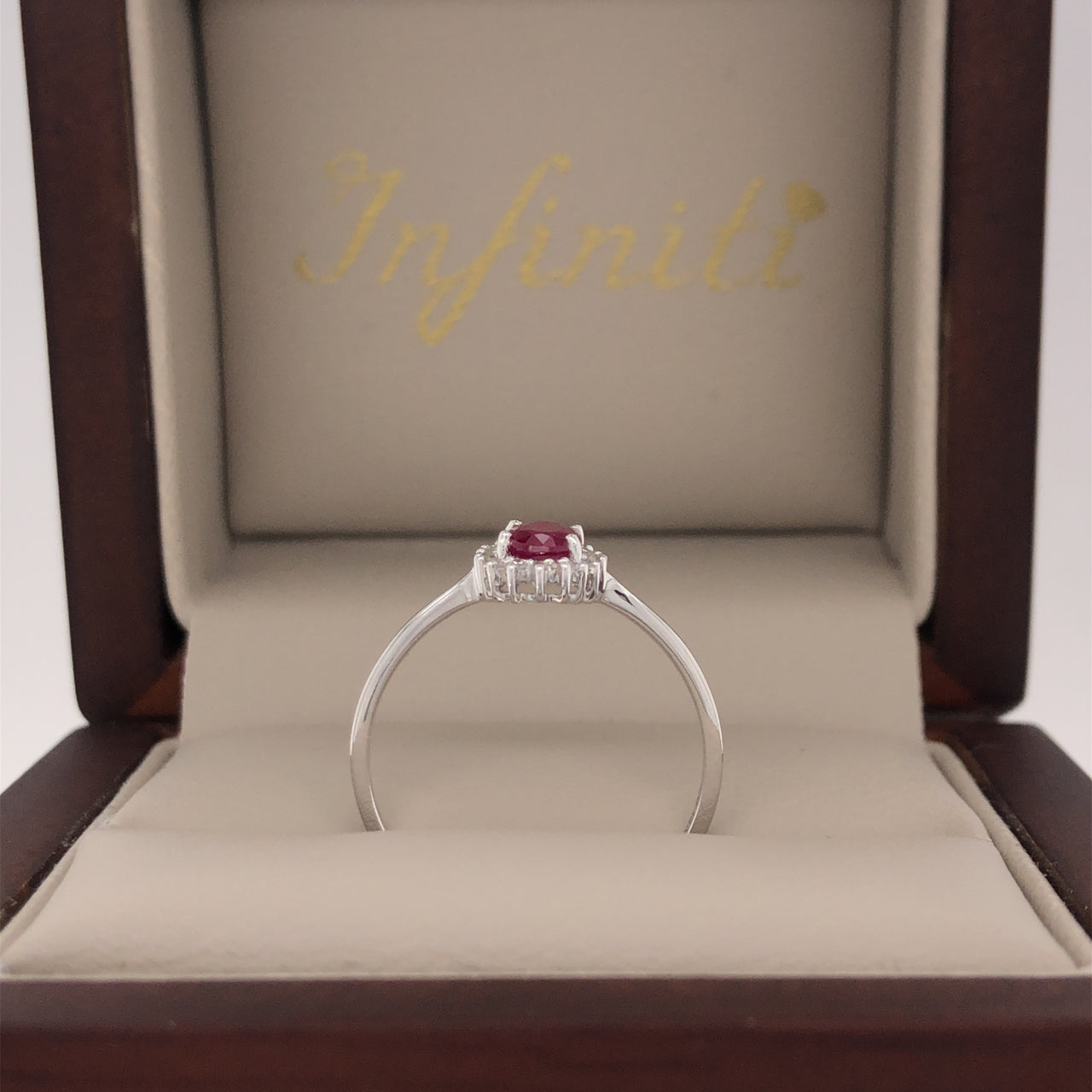 Anillo Oro Blanco 14k - Halo Rubí con Diamante Natural 0.59 CTW