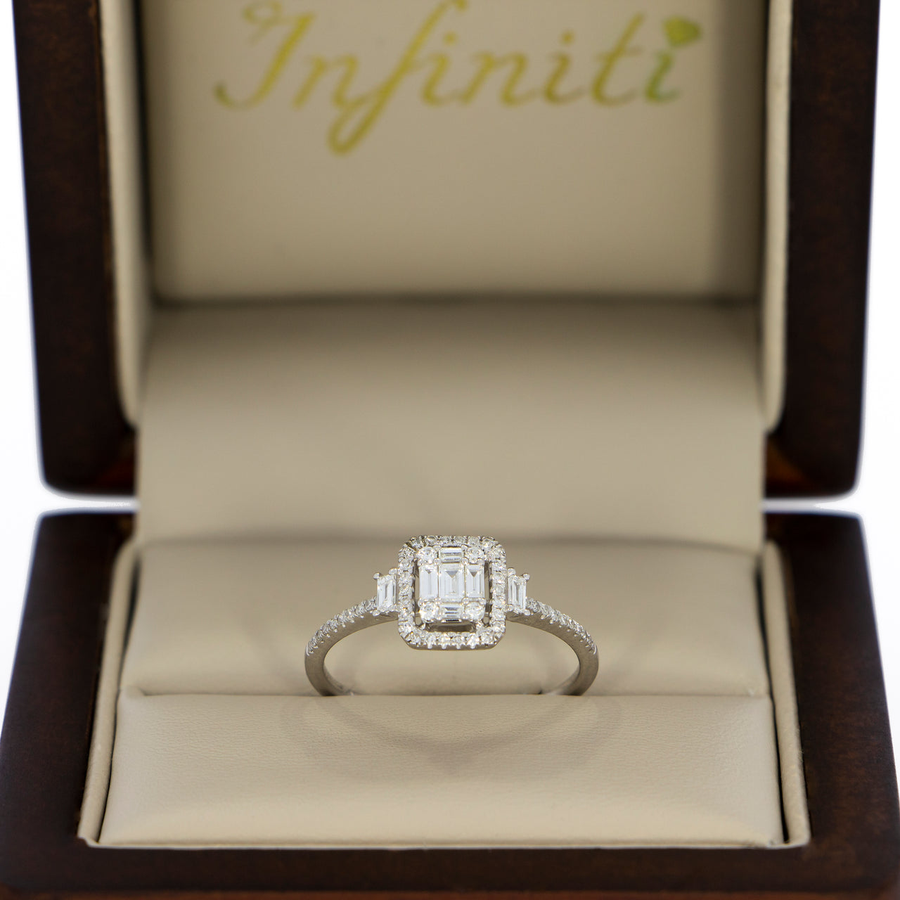 Anillo Oro Blanco 14k - Halo Corte Esmeralda con Diamante Natural 0.37 CTW
