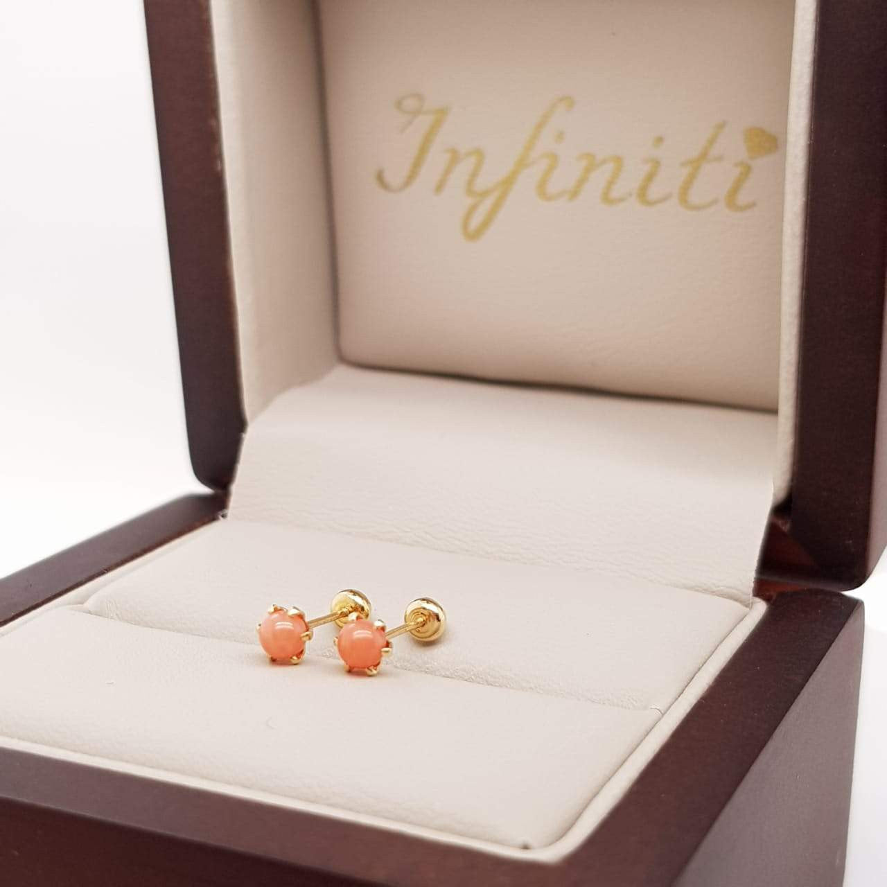 Broquel Oro 18k con Piedra Coral 4 mm - Infiniti Joyas