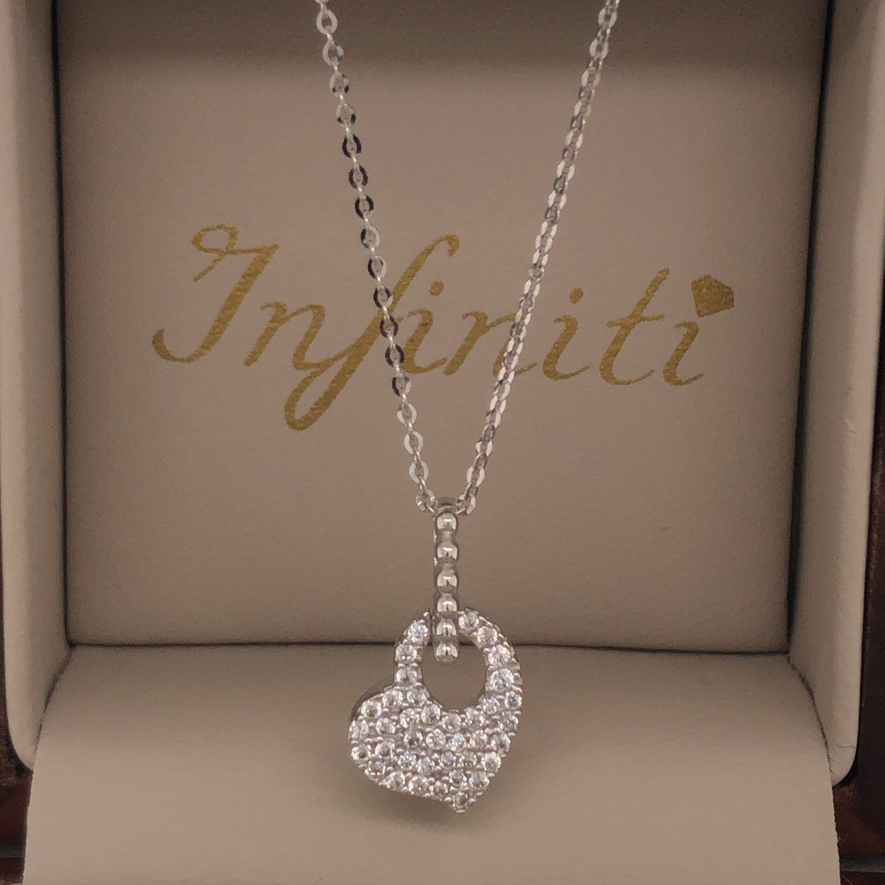 Gargantilla Oro Blanco 14k, Corazón con Zirconias, Largo 45 cm