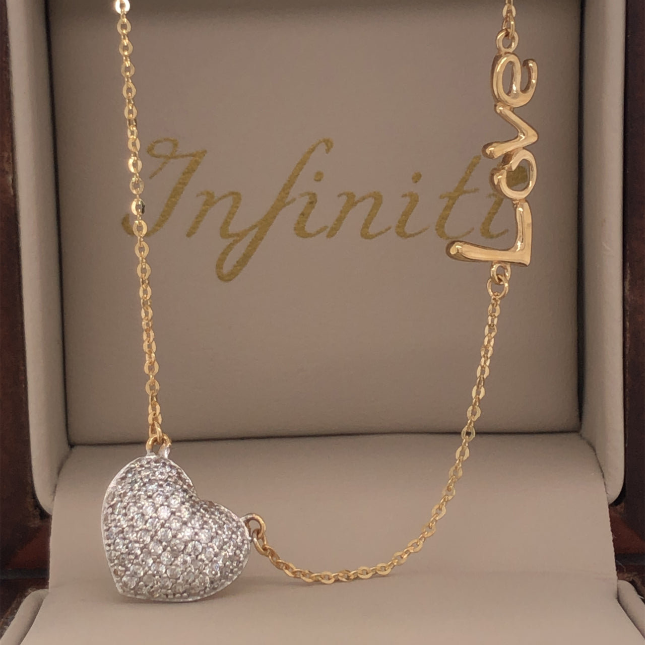 Gargantilla Oro 14k, Dije Corazón con Zirconia y Dije "LOVE", Cadena 45 cm Largo