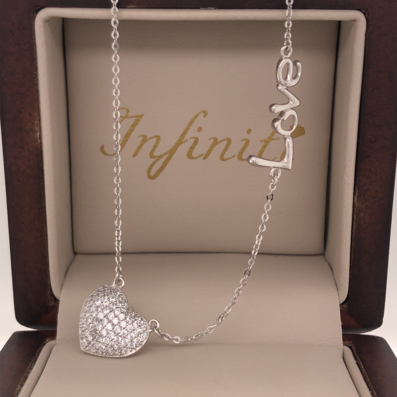 Gargantilla Oro Blanco 14k, Dije Corazón con Zirconia y Dije "LOVE", Cadena 45 cm Largo