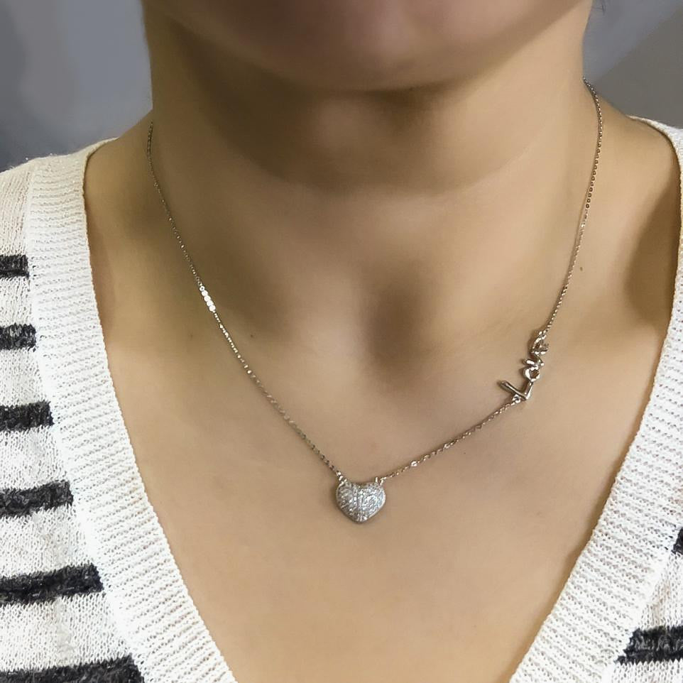 Gargantilla Oro Blanco 14k, Dije Corazón con Zirconia y Dije "LOVE", Cadena 45 cm Largo - Infiniti Joyas