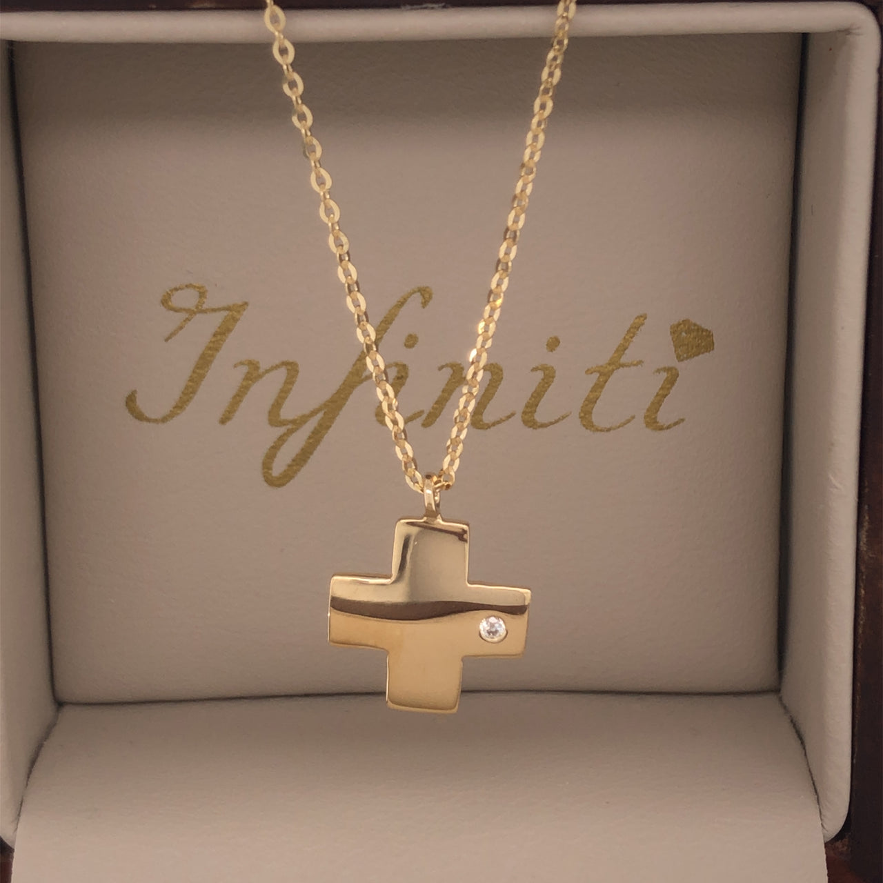 Gargantilla Oro 14k, Cruz con Zirconia, Cadena 45 cm Largo