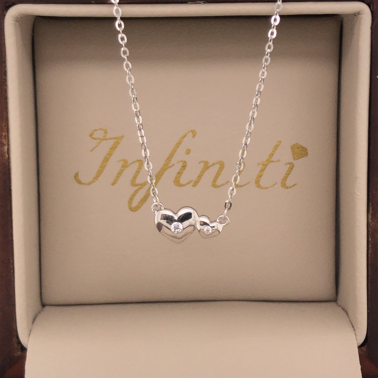 Gargantilla Oro Blanco 14k, Par de Corazones con Zirconia, Cadena 45 cm Larg