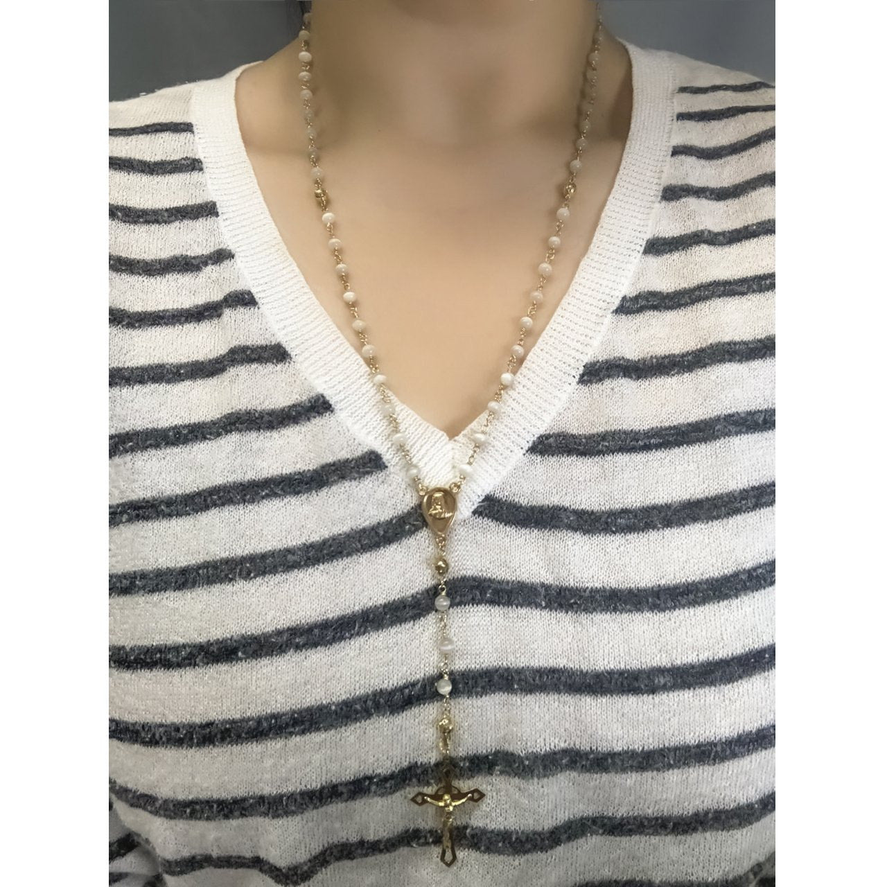 Rosario Oro 14k, Piedra Ojo de Gato con Largo de 60 cm + 9 cm de Cruz - Infiniti Joyas