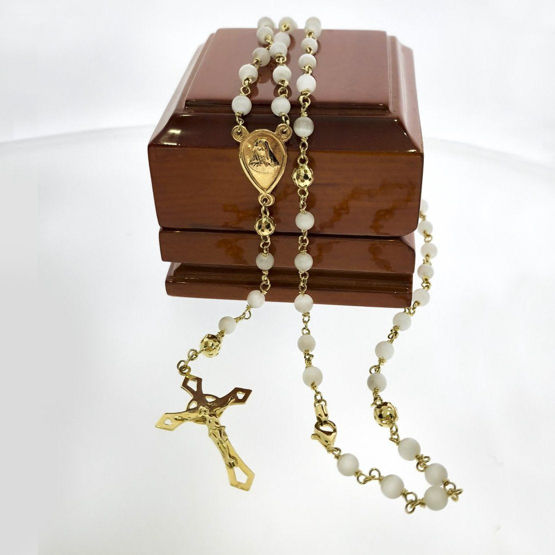 Rosario Oro 14k, Piedra Ojo de Gato con Largo de 60 cm + 9 cm de Cruz - Infiniti Joyas
