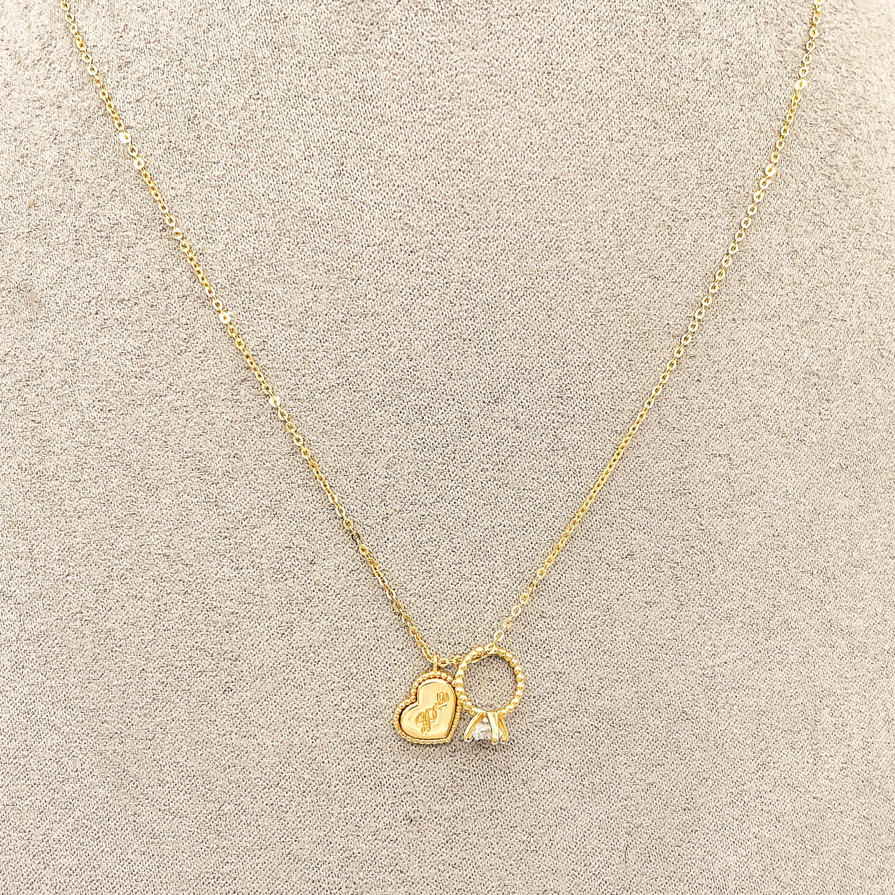 Gargantilla Oro 10k, Corazón y Anillo con Zirconia, 45 cm Largo