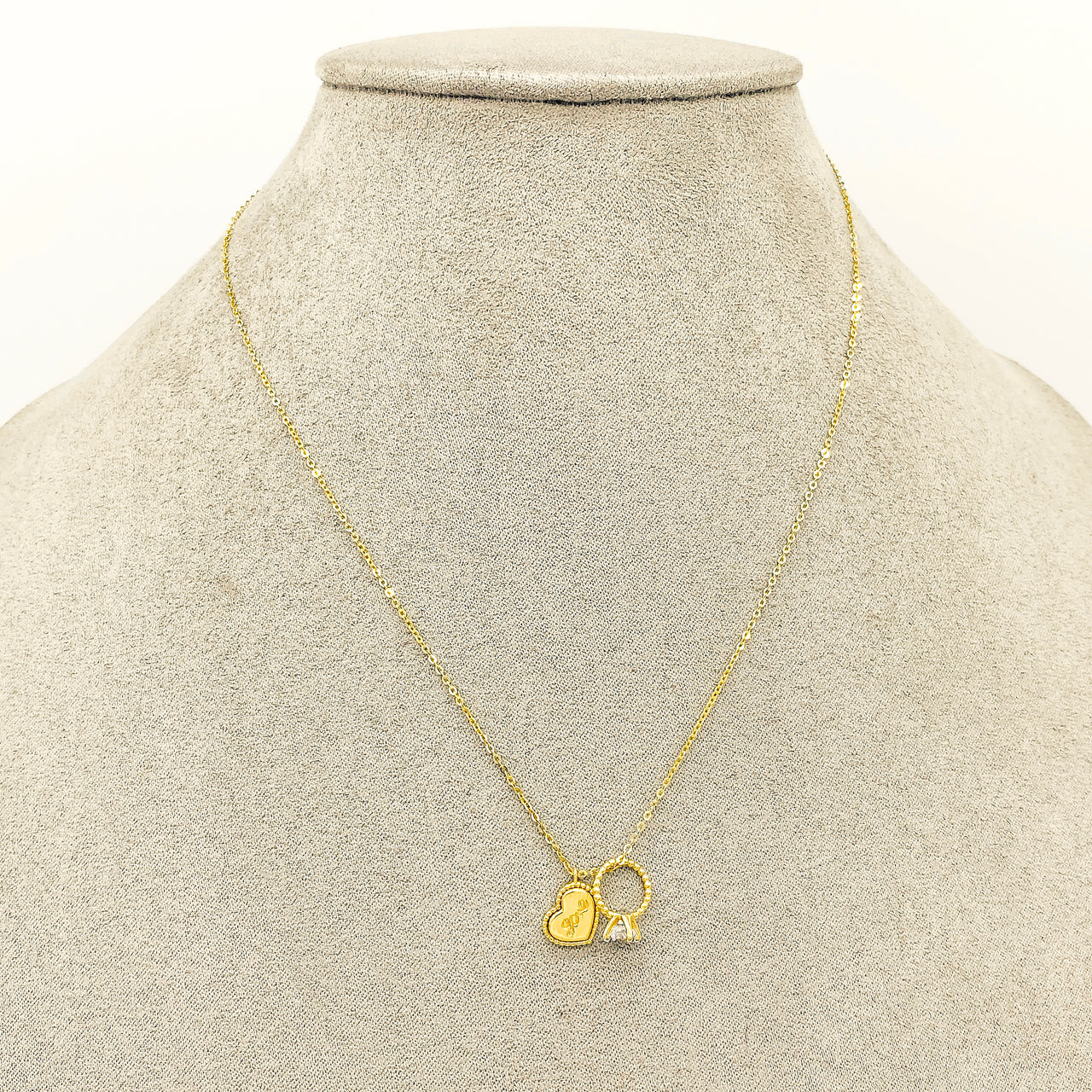 Gargantilla Oro 10k, Corazón y Anillo con Zirconia, 45 cm Largo
