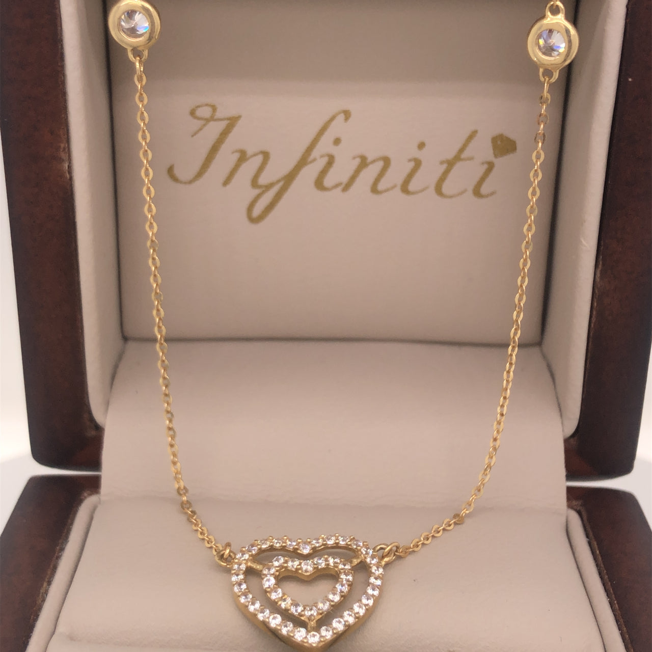 Gargantilla Oro 10k, con Dije Corazón doble con Zirconias, 45 cm Largo