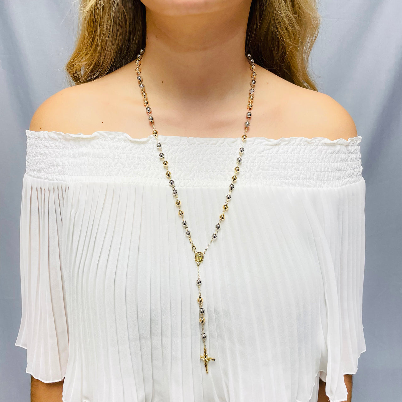 Rosario Oro 14k - Bolas Blancas y Amarillas con Largo de 60 cm