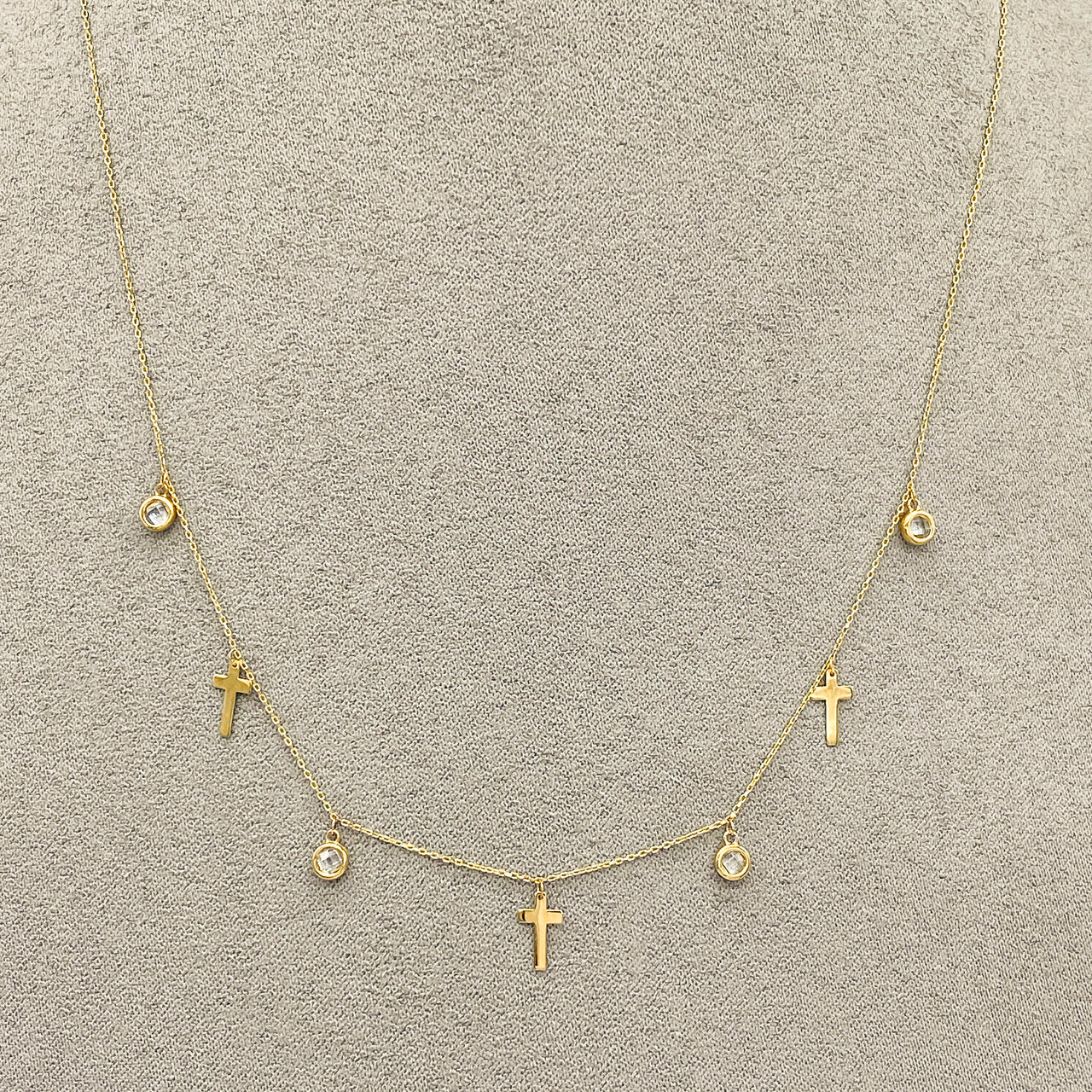 Gargantilla Oro 14k - Cruces y Zirconias Colgantes 43-45 cm Largo