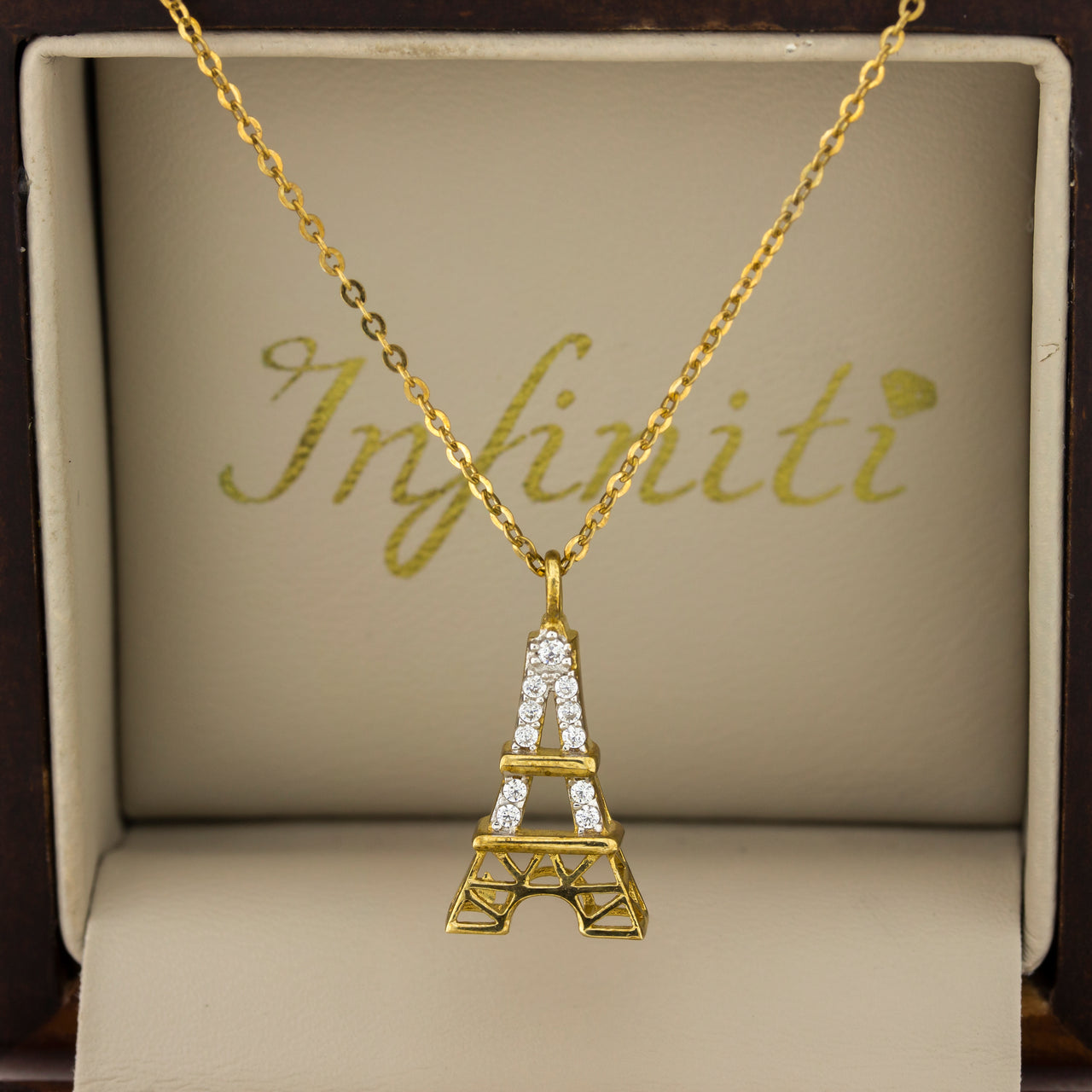 Gargantilla Oro 10k, con Dije Torre Eiffel con Zirconias, 45 cm Largo