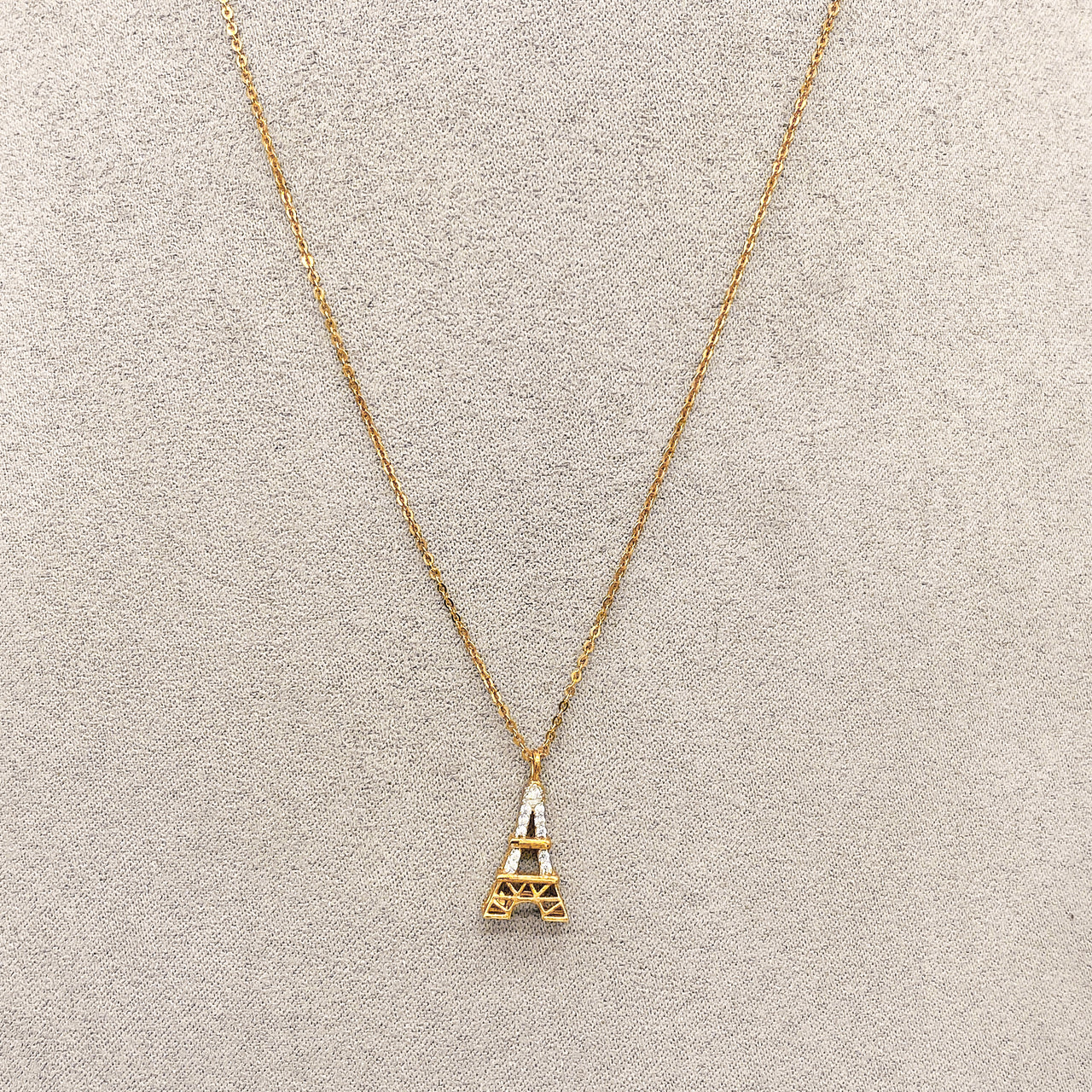Gargantilla Oro 10k, con Dije Torre Eiffel con Zirconias, 45 cm Largo