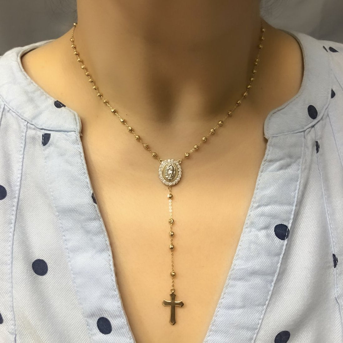 Rosario Oro Amarillo 10k Completo, Zirconias con Largo de 45 cm + 7 cm de Cruz - Infiniti Joyas