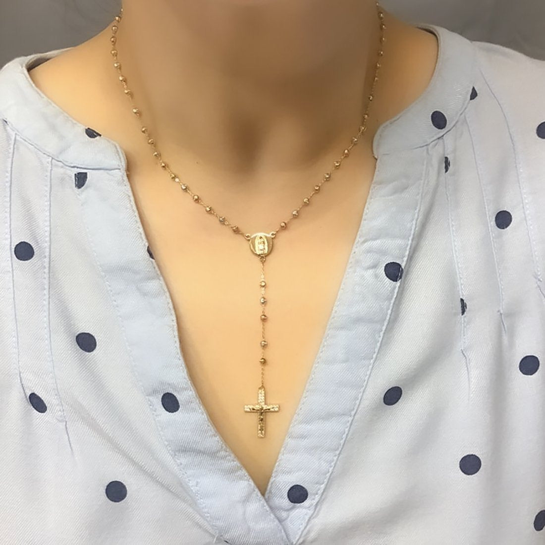 Rosario Oro Florentino 10k Completo, Zirconias con Largo de 45 cm + 7 cm de Cruz - Infiniti Joyas
