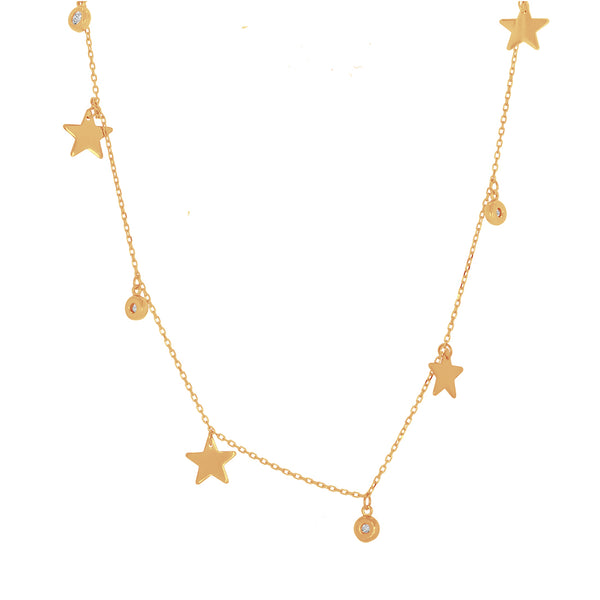 Cadena Oro 14k - Estrellas y Zirconias Colgando, Largo 45 cm