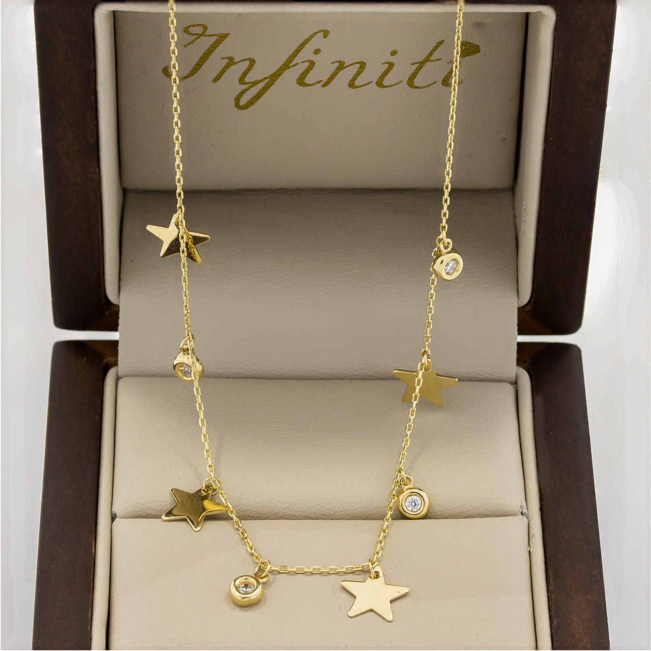 Cadena Oro 14k - Estrellas y Zirconias Colgando, Largo 45 cm