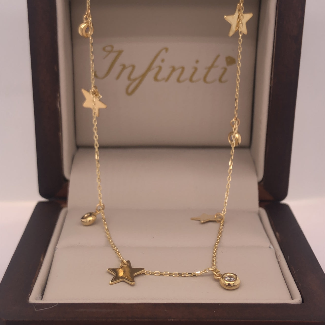 Gargantilla Oro 10k - Estrellas y Zirconias Colgando, Largo 45 cm