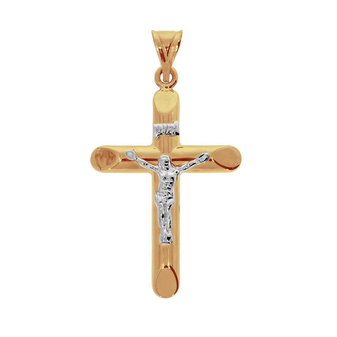 Cruz Oro Amarillo 14k con Cristo Blanco, Forma Tubo, Alto 5.5 cm, Ancho 3 cm - Infiniti Joyas