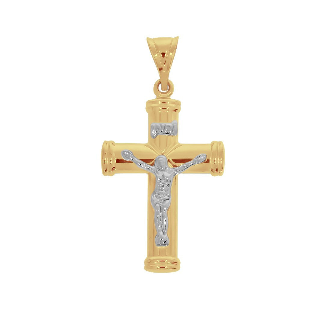Cruz Oro Amarillo 14k con Cristo Blanco, Forma Tubo, Alto 4.5 cm, Ancho 2.5 cm - Infiniti Joyas