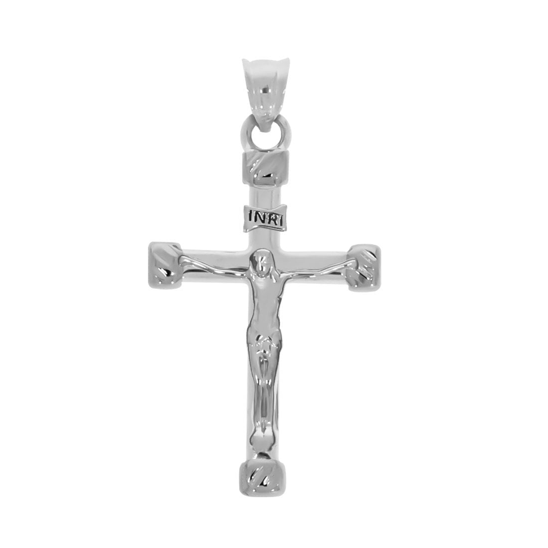 Cruz Redondeada Con Cristo y Orillas Diamantadas - Oro Blanco 14k - Infiniti Joyas