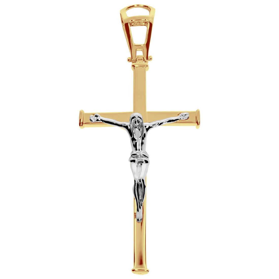 Cruz Oro Amarillo 14k con Cristo Blanco, Forma Tubo, Alto 6 cm, Ancho 2.7 cm - Infiniti Joyas