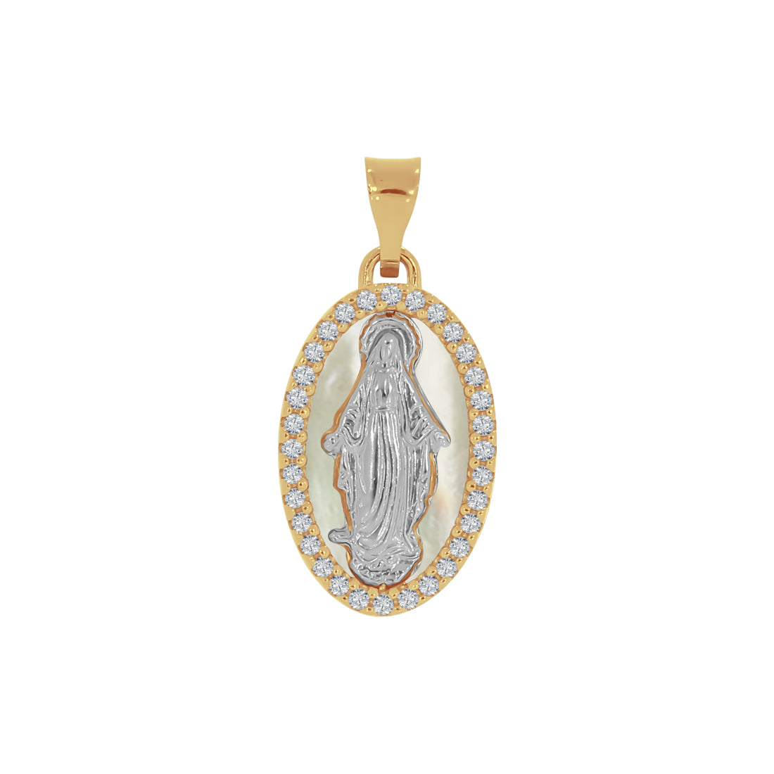 Medalla Oro 14k - Virgen Milagrosa con Madre Perla y Zirconias