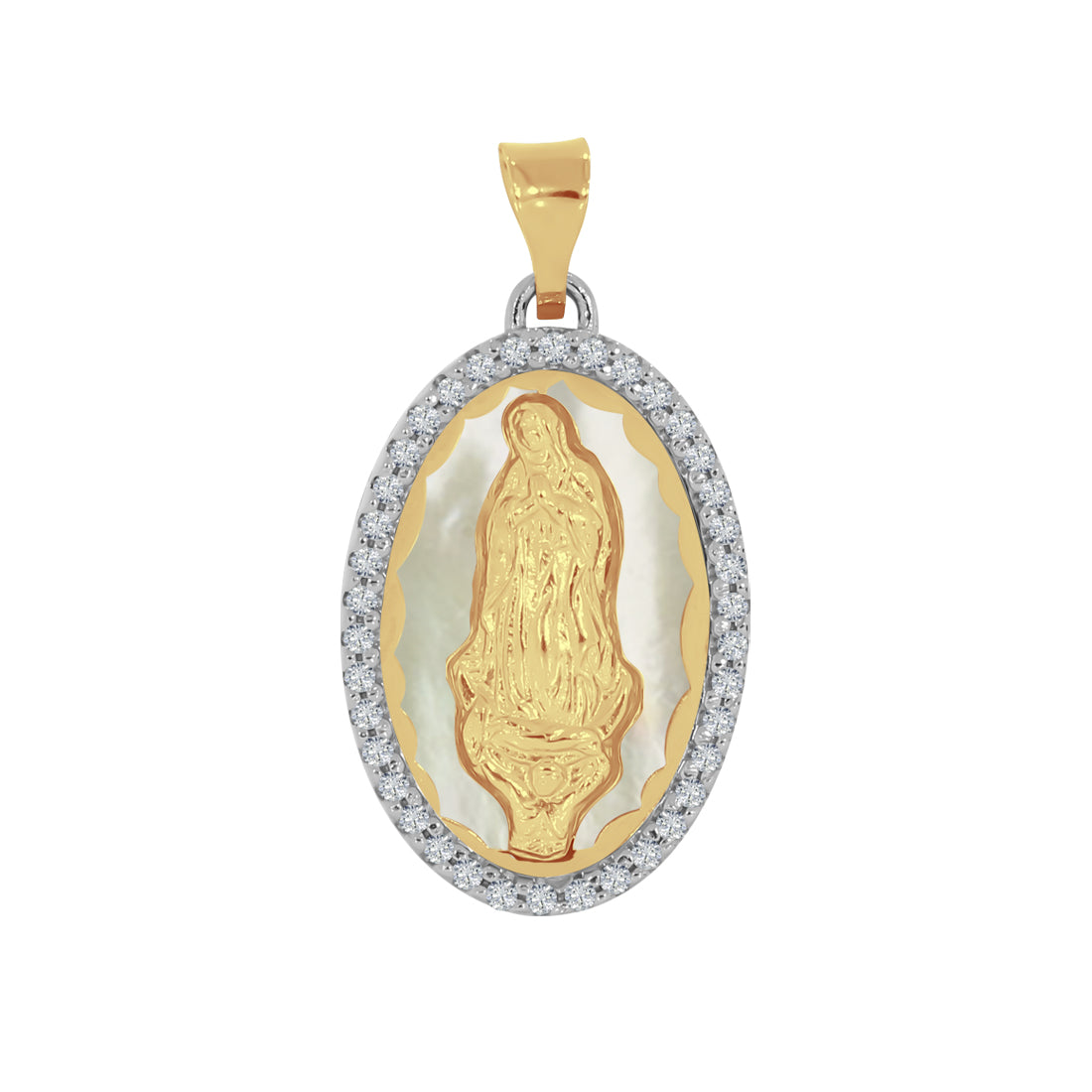 Medalla Oro 14k - Virgen con Madre Perla y Zirconias