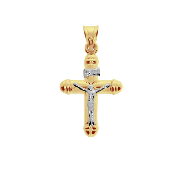 Cruz Oro Amarillo 14k con Cristo Blanco, Alto 3 cm, Ancho 1.7 cm - Infiniti Joyas